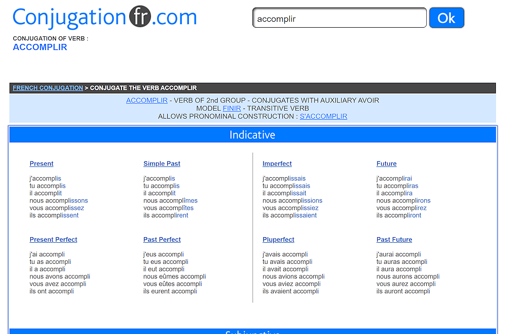 Screen capture of French verb conjugations