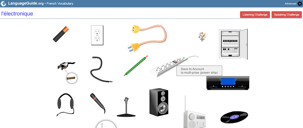 Screen capture of languageguide.org french vocabulary