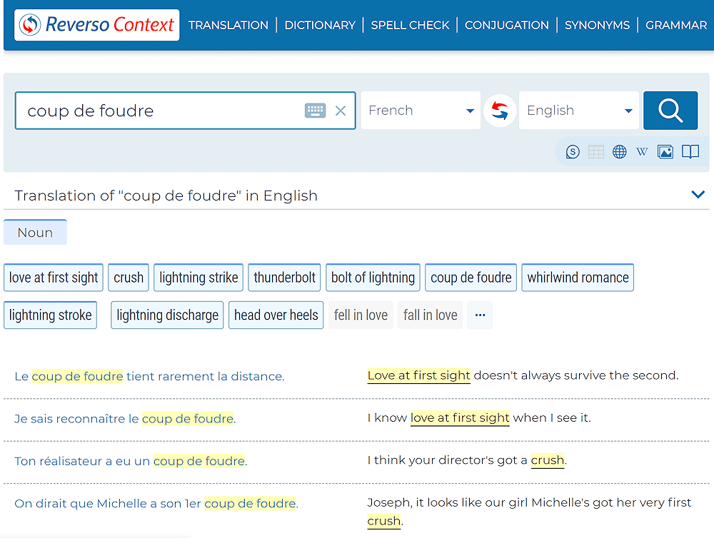 Reverso Context English-French dictionary screen capture