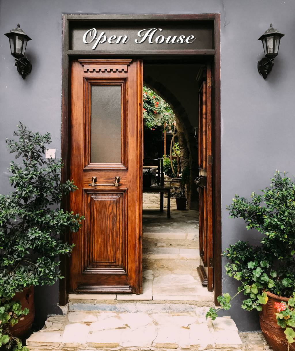 Photo of open doorway with words "Open House" over the door