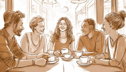 Drawing of five friends chatting over coffee
