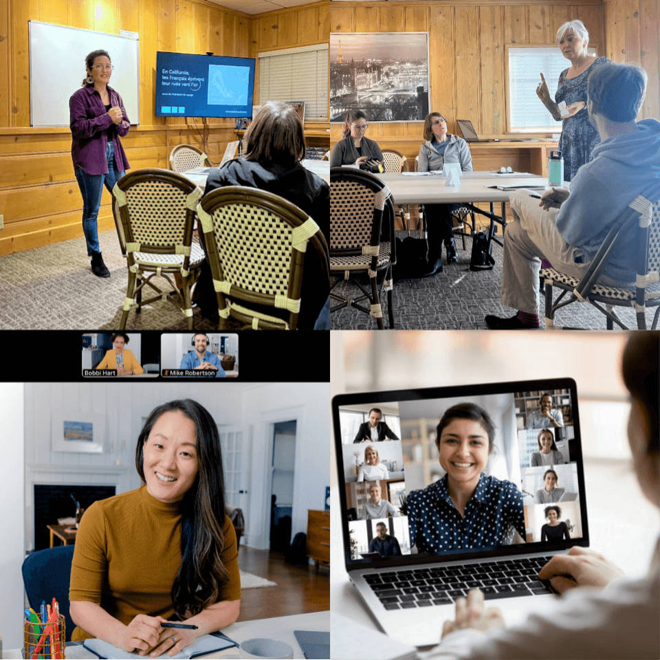 AFSR Classes preview Four photos showing AFSR classrooms, instructors, and Zoom meetings